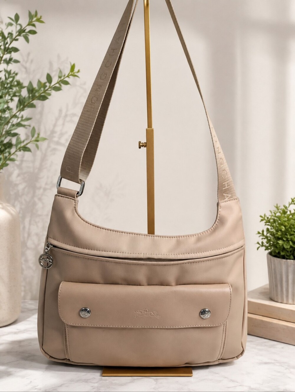 Longchamp Planètes Nylon Leather Crossbody Bag Beige Made in France